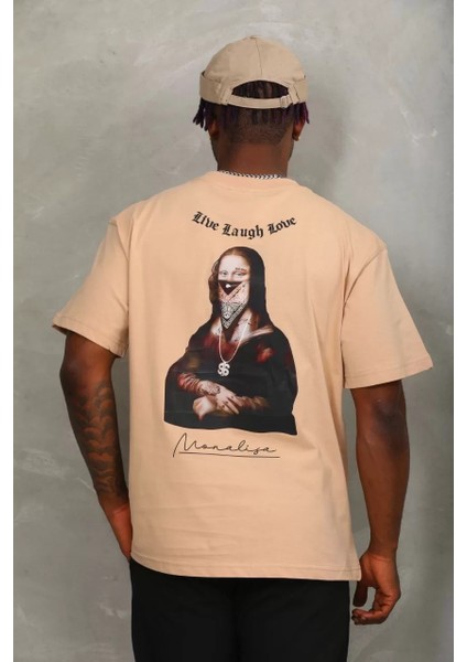 Unisex Oversize Baskılı Bisiklet Yaka T-Shirt - Bej indirimleri