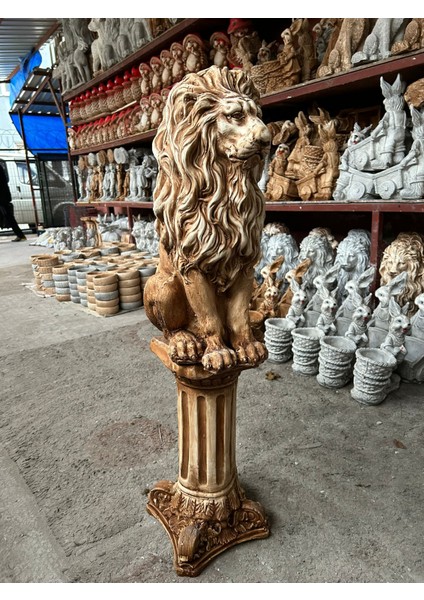 Dekoratif 53CM Eskitme Kahverengi Sütun ve Aslan Set Heykel Ev Balkon Bahçe Dekorasyon Bohem Biblo fiyatları