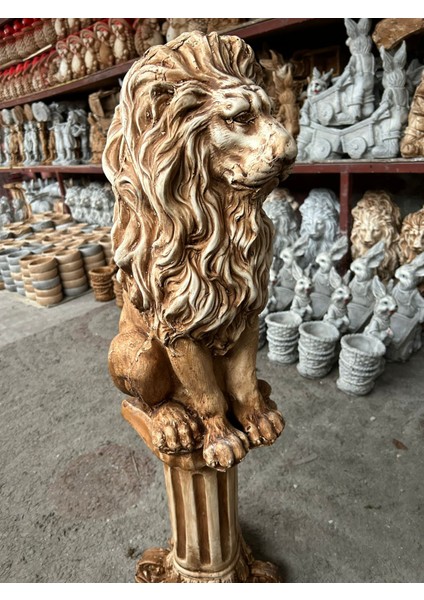 Dekoratif 53CM Eskitme Kahverengi Sütun ve Aslan Set Heykel Ev Balkon Bahçe Dekorasyon Bohem Biblo modelleri