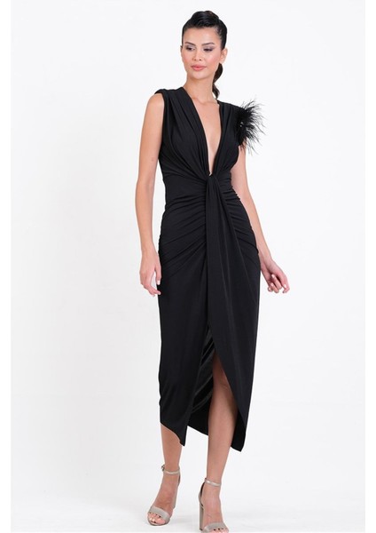 Onisto Omuz Pileli Önü Derin V Uzun Abiye Elbise SİYAH