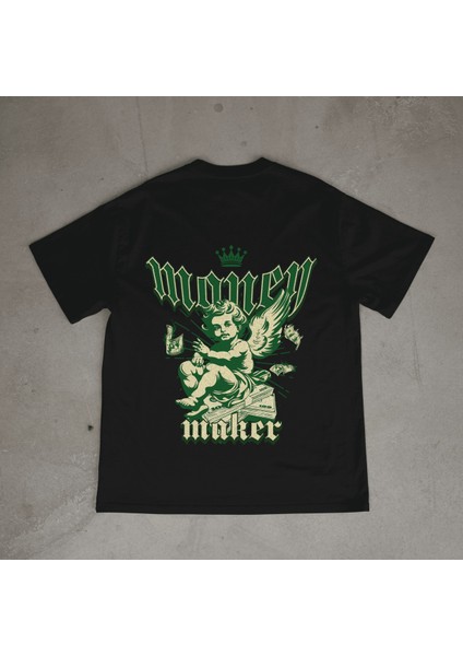 Money Tasarım Baskılı Siyah Oversize T-Shirt