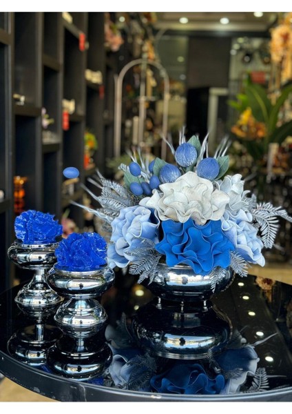 Yapay Çiçekli Gümüş Yassı Vazo 3 Parça Set No:11