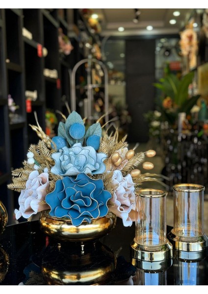 Yapay Çiçekli Gold Yassı Vazo 3 Parça Set No:12