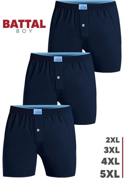 Erkek Boxer Battal Boy 3'lü Düğmeli, Süprem Kumaş (%100 Pamuk)