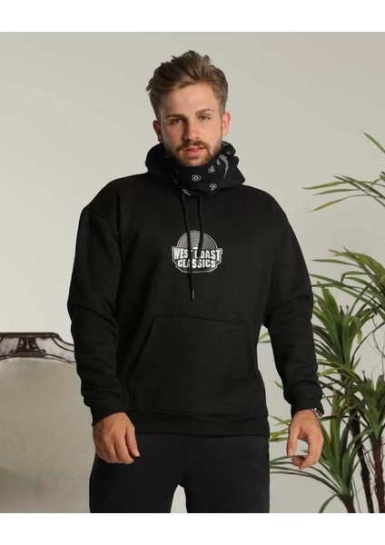 Erkek Sırt Baskılı Kapüşonlu Üç Iplik Oversize Sweatshirt - Siyah indirimleri