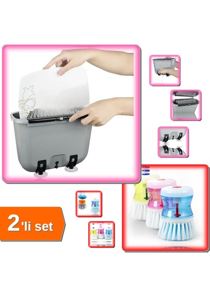 Su Tasarrufu Sağlayan Pratik Bulaşık Yıkama Fırçası + Deterjan Hazneli Bulaşık Fırçası - 2li Set ZR9M1