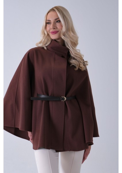 Kahve Hakim Yaka Tek Düğmeli Kemerli Panço 31050725.05