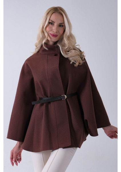 Kahve Hakim Yaka Tek Düğmeli Kemerli Panço 31050725.05