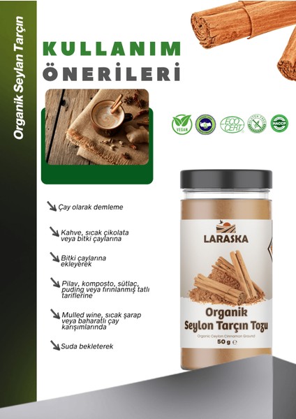 Organik Glutensiz Vegan Seylan - Seylon Tarçın Toz 50g - Organic Ceylon Cinnamon Powder 50g- Organically Certified