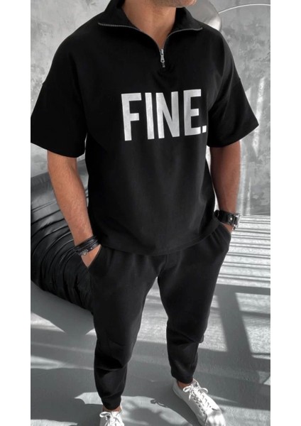 Unisex Baskılı Yarım Fermuarlı T-Shirt - Siyah