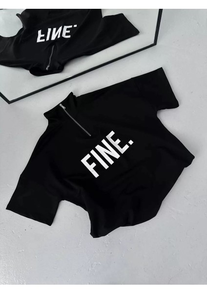 Unisex Baskılı Yarım Fermuarlı T-Shirt - Siyah fırsatları