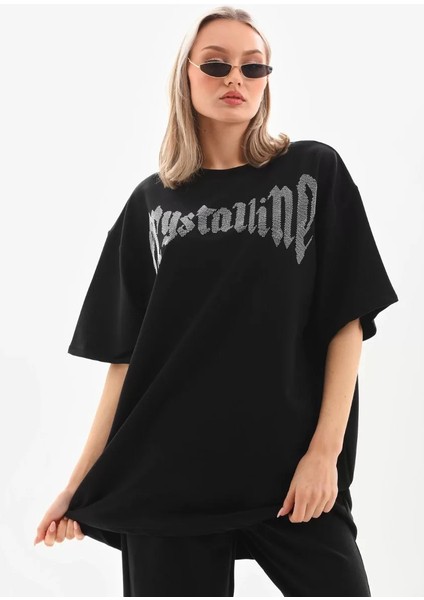 Unisex Taş Desenli Oversize T-Shirt - Beyaz