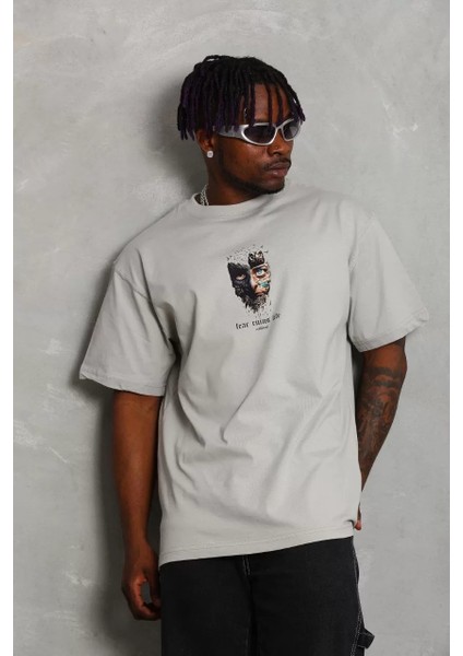 Unisex Oversize Baskılı Bisiklet Yaka T-Shirt - Gri fiyatları