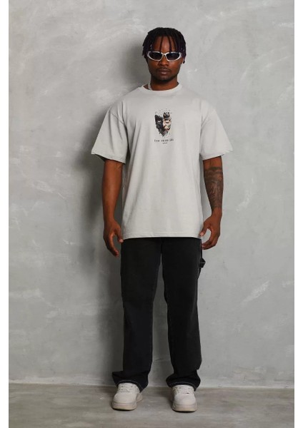 Unisex Oversize Baskılı Bisiklet Yaka T-Shirt - Gri modelleri
