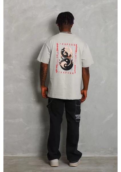 Unisex Oversize Baskılı Bisiklet Yaka T-Shirt - Gri fırsatları