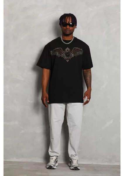 Unisex Oversize Taşlı Bisiklet Yaka T-Shirt - Siyah indirimleri