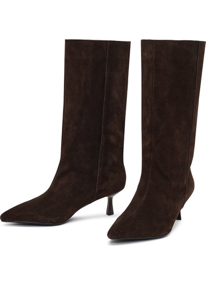 Kadın Kahverengi Ince Topuklu Süet Deri Çizme 25AFD490510 modelleri