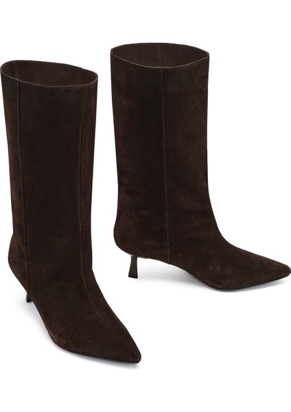 Kadın Kahverengi Ince Topuklu Süet Deri Çizme 25AFD490510
