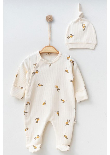 Yenidoğan Patikli Tulum Zeytin Baskılı Krem Bebek Tulum Kendinden Eldivenli Bebek Tulumu ve Şapka fırsatları