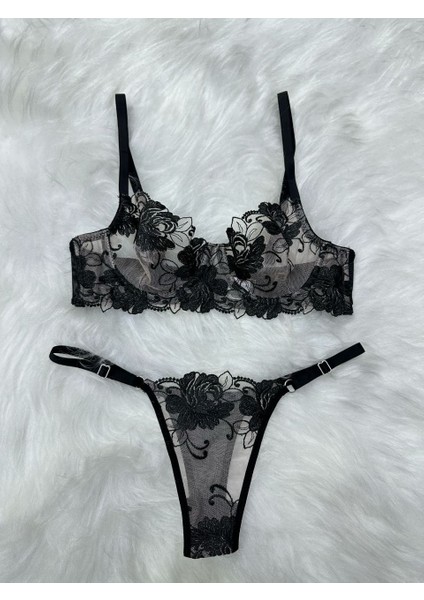 Siyah Çiçekli Transparan Sütyen Takımı indirimleri