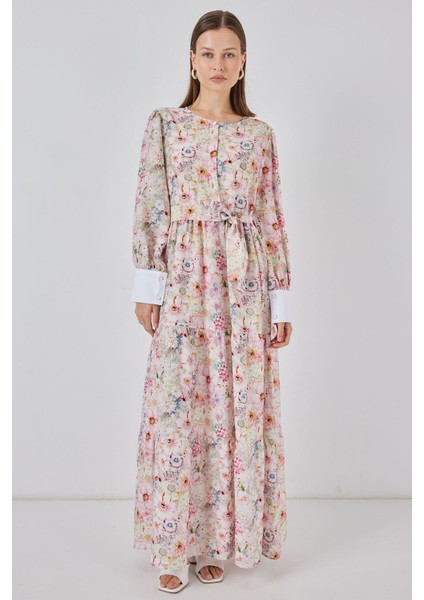 Kadın Bdart Viskon Karışımlı Düğmeli Desenli Maxi Elbise Karanfil Pembesi