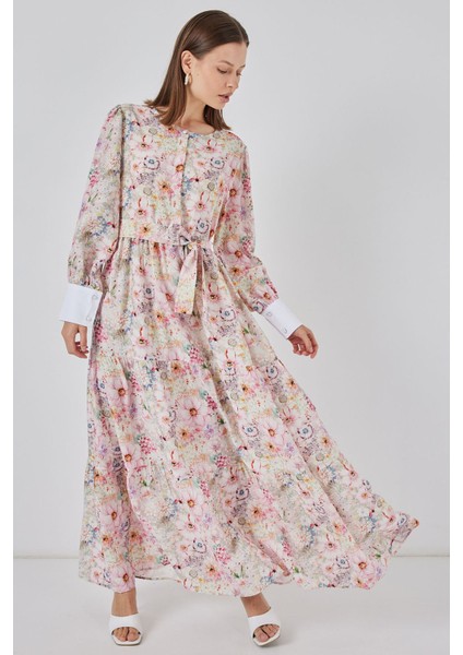 Kadın Bdart Viskon Karışımlı Düğmeli Desenli Maxi Elbise Karanfil Pembesi fiyatları