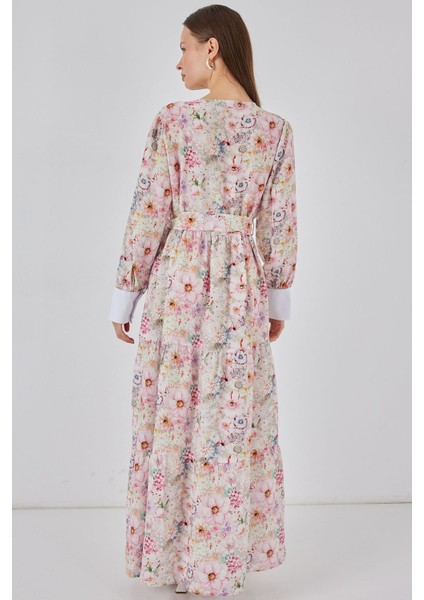 Kadın Bdart Viskon Karışımlı Düğmeli Desenli Maxi Elbise Karanfil Pembesi