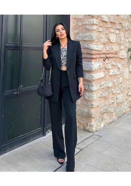 Kadın Tek Düğmeli Ceket Palazzo Pantolon Takım