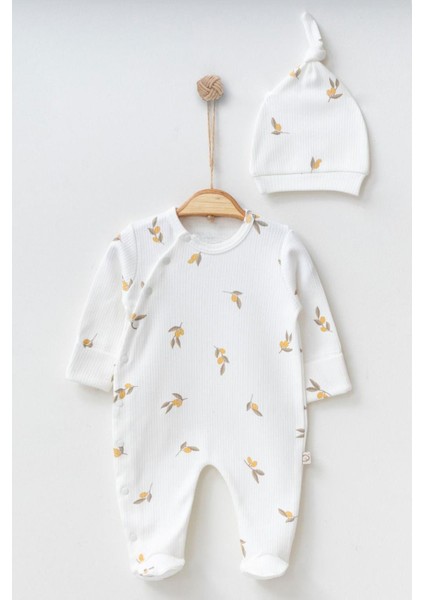 Yenidoğan Patikli Tulum Zeytin Baskılı Ekru Bebek Tulum Kendinden Eldivenli Bebek Tulumu ve Şapka fırsatları