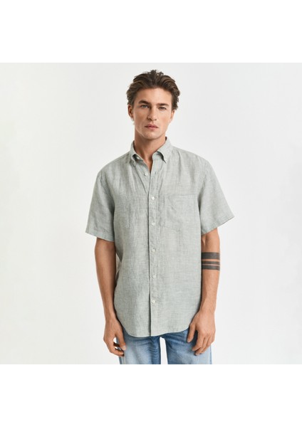 Erkek Yeşil Regular Fit Düğmeli Yaka Keten Gömlek
