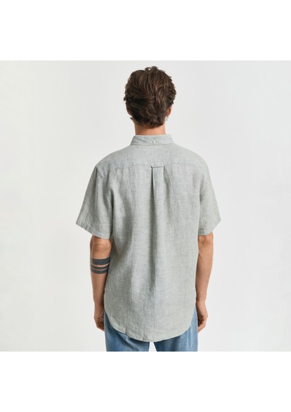 Erkek Yeşil Regular Fit Düğmeli Yaka Keten Gömlek modelleri