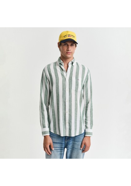 Erkek Yeşil Regular Fit Düğmeli Yaka Çizgili Gömlek
