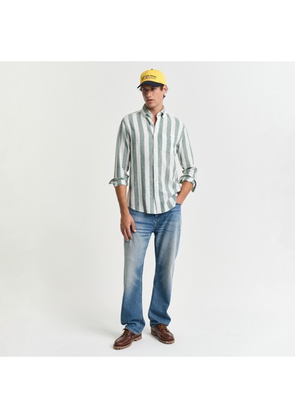 Erkek Yeşil Regular Fit Düğmeli Yaka Çizgili Gömlek fırsatları