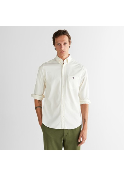 Erkek Krem Regular Fit Düğmeli Yaka Gömlek
