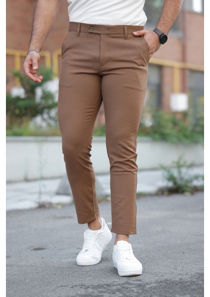 Erkek Taba Kaliteli Esnek Likralı Bilek Boy Kumaş Pantolon