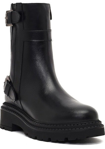 Kadın Siyah Fermuarlı Kalın Tabanlı Deri Bot 25WFD185318