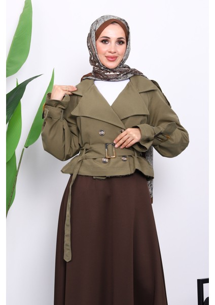 Haki Kruvaze Yaka Kemerli Kısa Trençkot