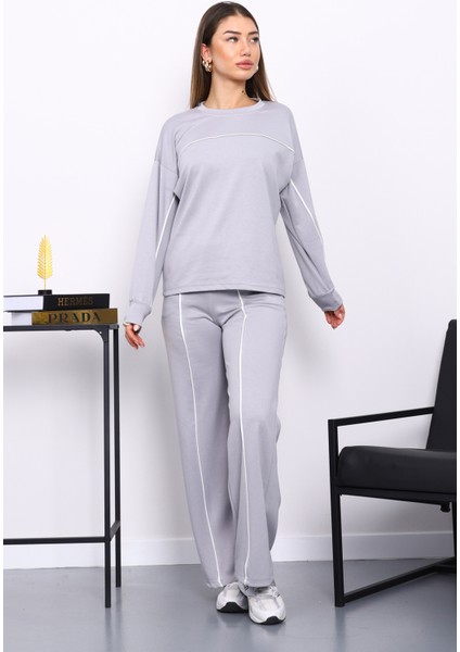 Gri Biye Detaylı Sweat Pantolonlu Takım