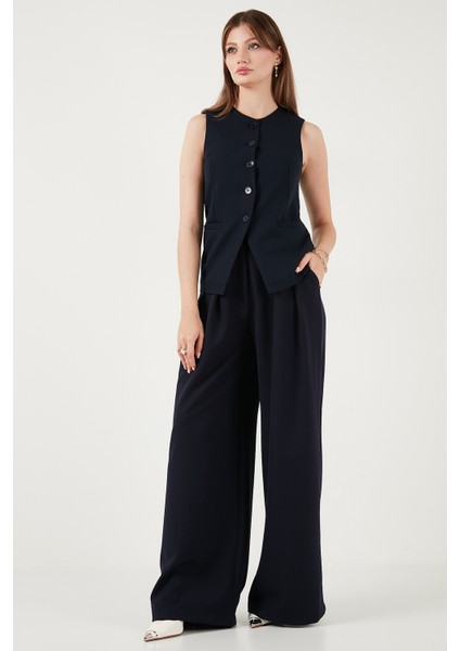 Pile Detaylı Wide Leg Yüksek Bel Geniş Paça Pantolon Bayan Pantolon 6522016