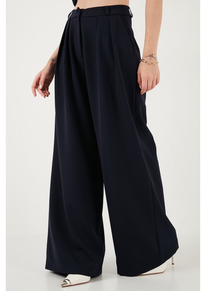 Pile Detaylı Wide Leg Yüksek Bel Geniş Paça Pantolon Bayan Pantolon 6522016 fırsatları