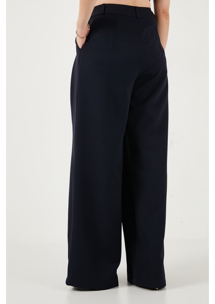 Pile Detaylı Wide Leg Yüksek Bel Geniş Paça Pantolon Bayan Pantolon 6522016