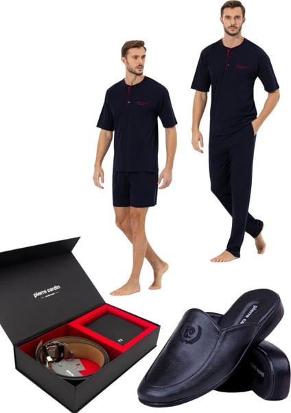 Erkek Penye % 100 Pamuk 3'lü Kutulu Pijama Takımı Kemer Cüzdan ve Terlik Seti