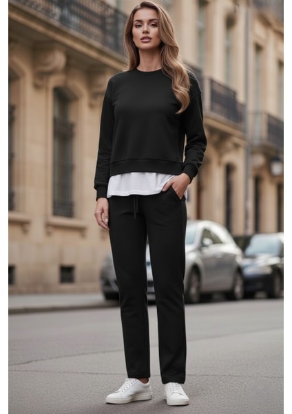 Kadın Basic Bisiklet Yaka Etek Ucu Detaylı Sweatshirt ve Pantolon Eşofman Takımı- Siyah/melanj/gri