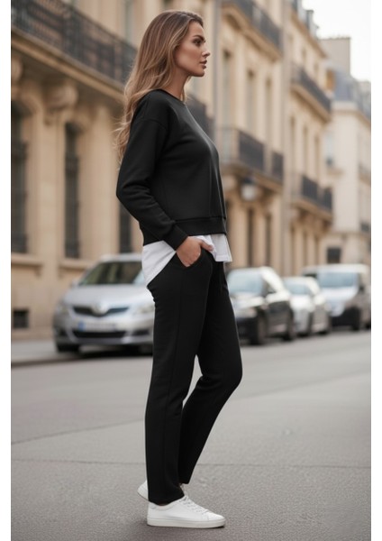 Kadın Basic Bisiklet Yaka Etek Ucu Detaylı Sweatshirt ve Pantolon Eşofman Takımı- Siyah/melanj/gri fiyatları