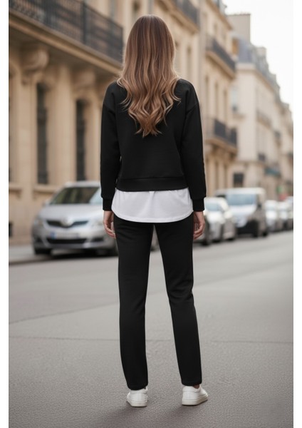 Kadın Basic Bisiklet Yaka Etek Ucu Detaylı Sweatshirt ve Pantolon Eşofman Takımı- Siyah/melanj/gri modelleri