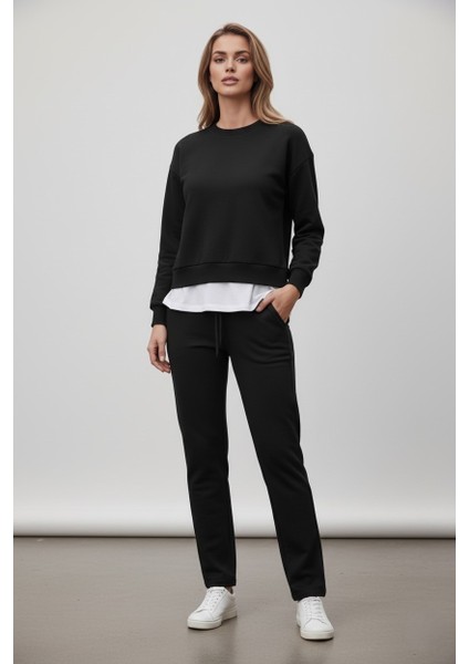 Kadın Basic Bisiklet Yaka Etek Ucu Detaylı Sweatshirt ve Pantolon Eşofman Takımı- Siyah/melanj/gri fırsatları