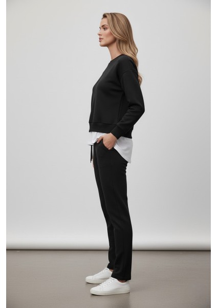 Kadın Basic Bisiklet Yaka Etek Ucu Detaylı Sweatshirt ve Pantolon Eşofman Takımı- Siyah/melanj/gri indirimleri