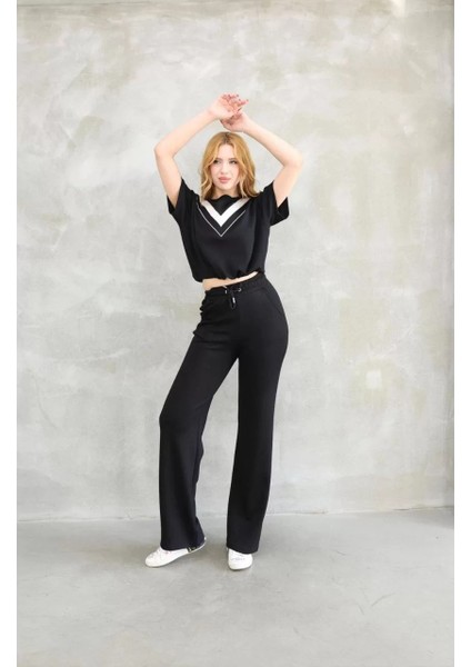 Osy Modal Yumuşak Dokulu Kumaş Bisiklet Yaka Parçalı Detaylı Kısa Kollu Takım - Siyah