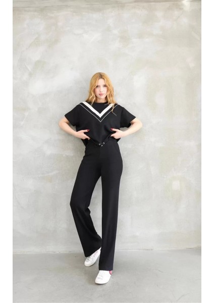 Osy Modal Yumuşak Dokulu Kumaş Bisiklet Yaka Parçalı Detaylı Kısa Kollu Takım - Siyah fiyatları