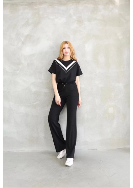Osy Modal Yumuşak Dokulu Kumaş Bisiklet Yaka Parçalı Detaylı Kısa Kollu Takım - Siyah modelleri